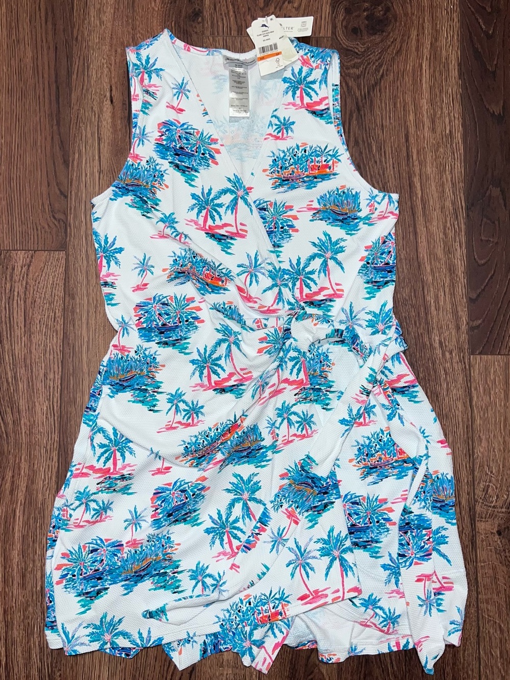 Tommy Bahama White Tropical V-Neck Romper with Blue and Pink Palm Print